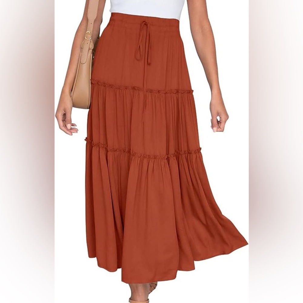 Bohemian Orange Tiered Maxi Skirt with Drawstring Waistband